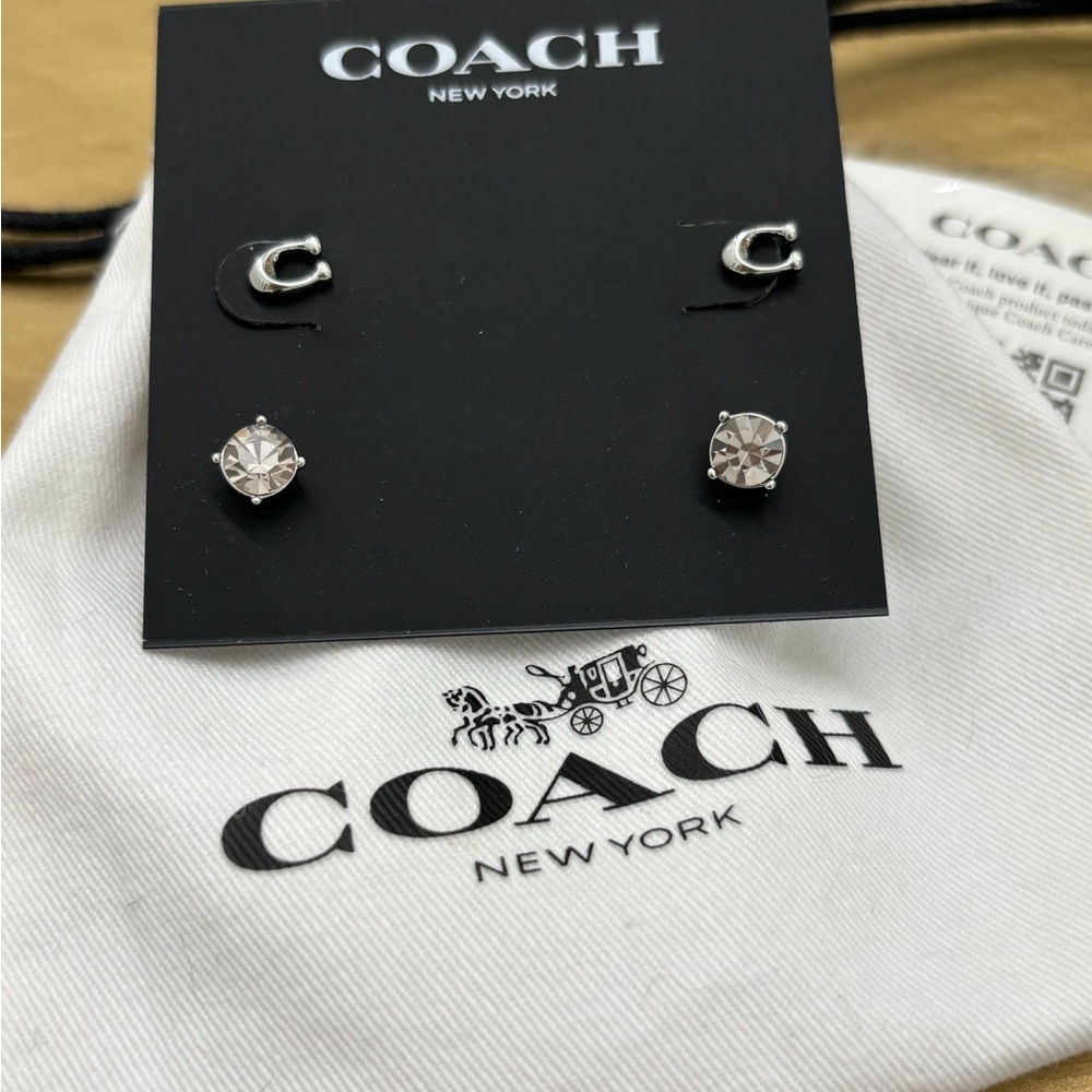 Coach Silver and Clear Stud Earrings Set